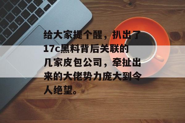 给大家提个醒，扒出了17c黑料背后关联的几家皮包公司，牵扯出来的大佬势力庞大到令人绝望。